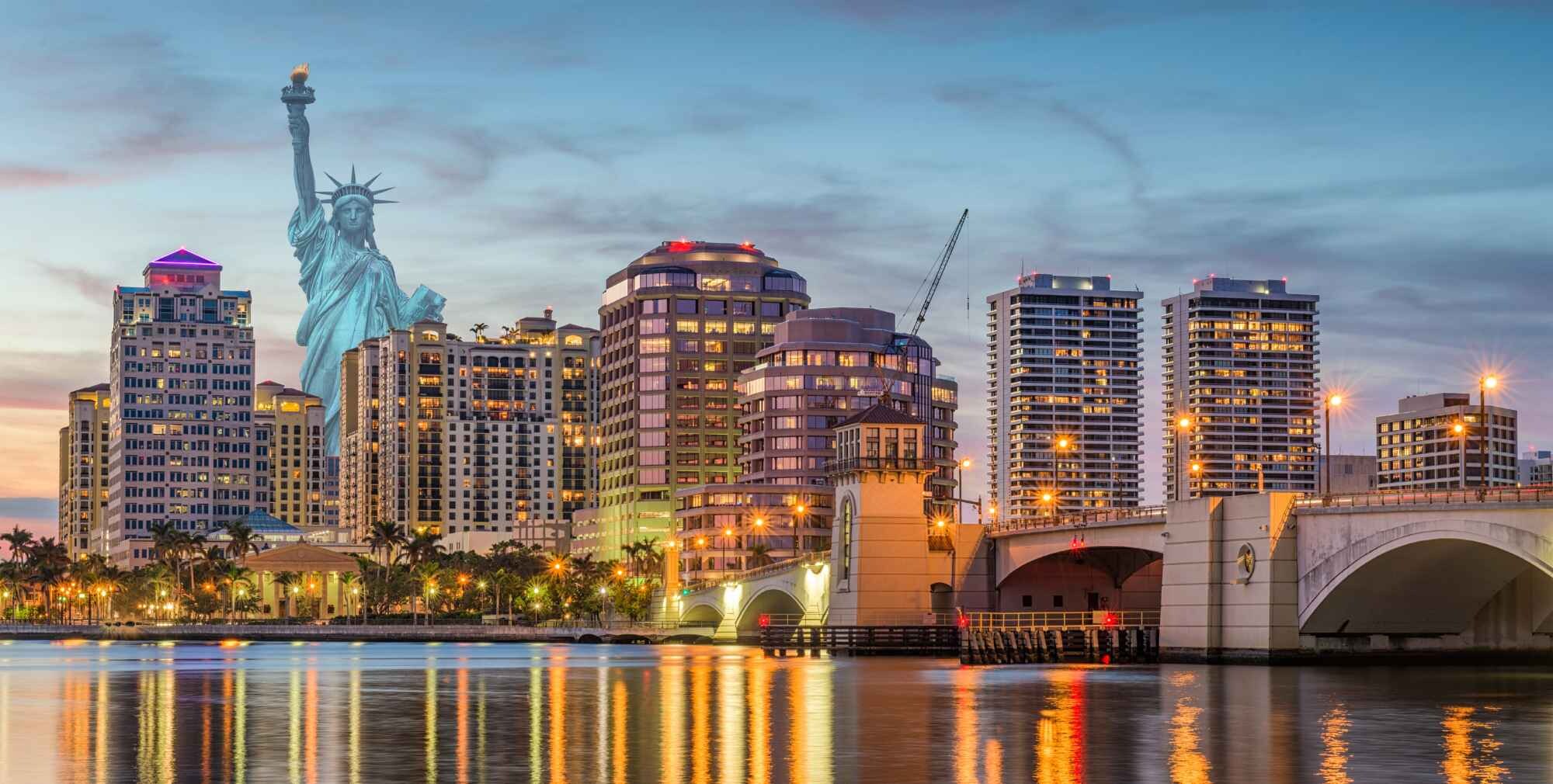 Statue of Liberty rising above the West Palm Beach Bridge