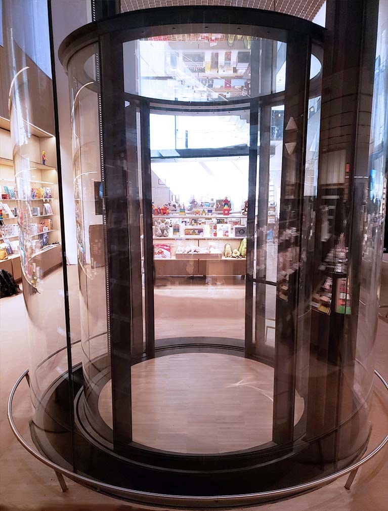 The Modern Museum of Art in Manhattan launched their 2019 expansion with this round glass elevator located in the main lobby of the museum