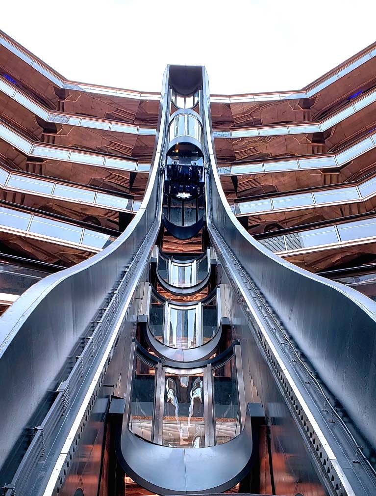 The Vessel at Hudson Yards Elevator Track ascends the height of the copper clad sculpture
