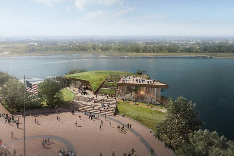 Liberty Island Museum 2019 rendering with view of the Western side of the Island from the statue