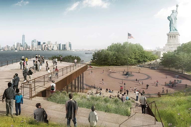 Liberty Island Museum 2019 rendering with views of NYC skyline & the statue of liberty